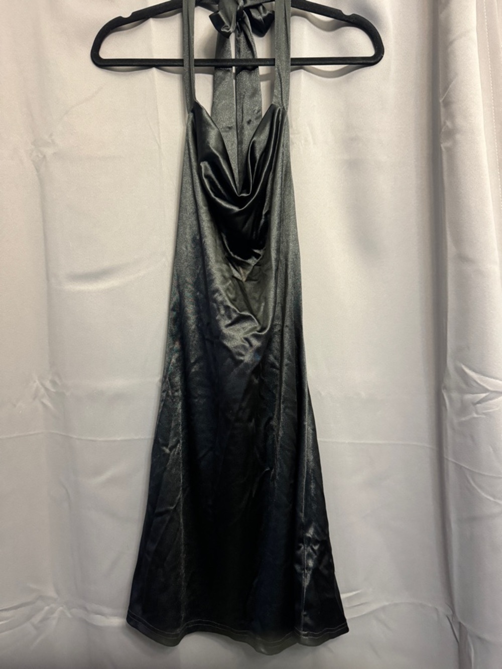Black Satin Halter Cowl Midi Dress